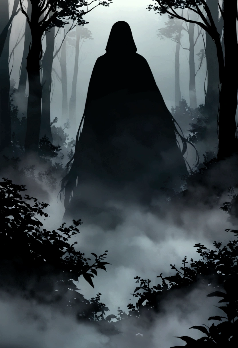 A terrifying silhouette lurking in a misty forest , shrouded in darkness and mysterious mist