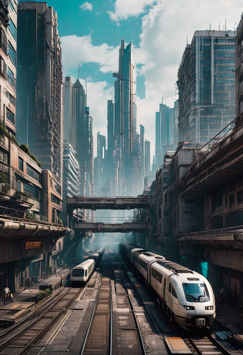 Image of the center of an ultra futuristic city with a train passing between modern buildings. cyberpunk style, Science fiction 