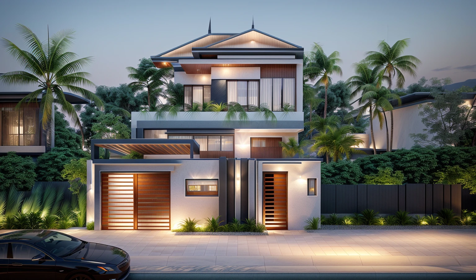 villa modern,night, Realistic, exterior, sunlight, house, RAW photo, 8k uhd, dslr, (high detailed skin:1.3), soft lighting, ultra quality, film grain, Fujifilm XT3, sharp image, best quality, authentic, hight quality,