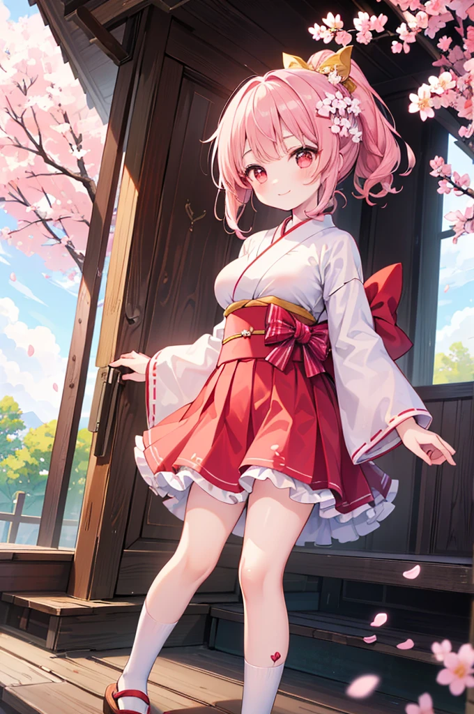 ((Masterpiece)),((high resolution)),((Best Quality)),Anime illustration,(((1girl))),,(wavy hair),(short hair),(pale pink hair color),small ponytail,Red eyes,(Big round eyes),((tareme)),,((loli face)),very big breasts)),Short stature,,kimono,mini skirt,smile,Ladylike,cherry blossoms,