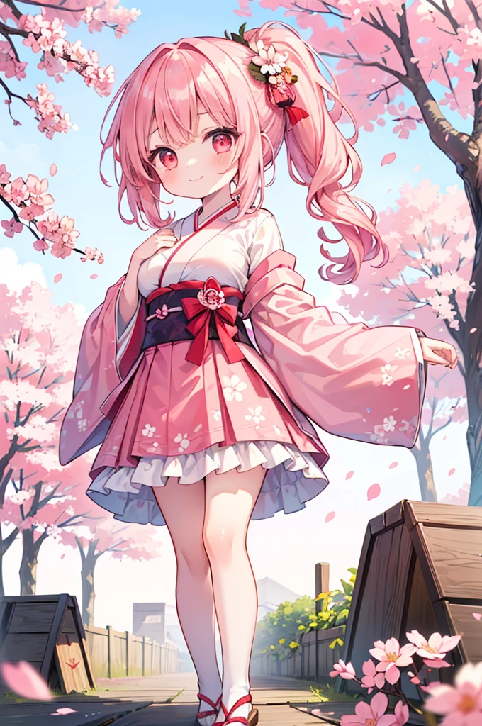 ((Masterpiece)),((high resolution)),((Best Quality)),Anime illustration,(((1girl))),,(wavy hair),(short hair),(pale pink hair color),small ponytail,Red eyes,(Big round eyes),((tareme)),15 years old,((loli face)),((very big breasts)),Short stature,,kimono,mini skirt,smile,Ladylike,cherry blossoms,