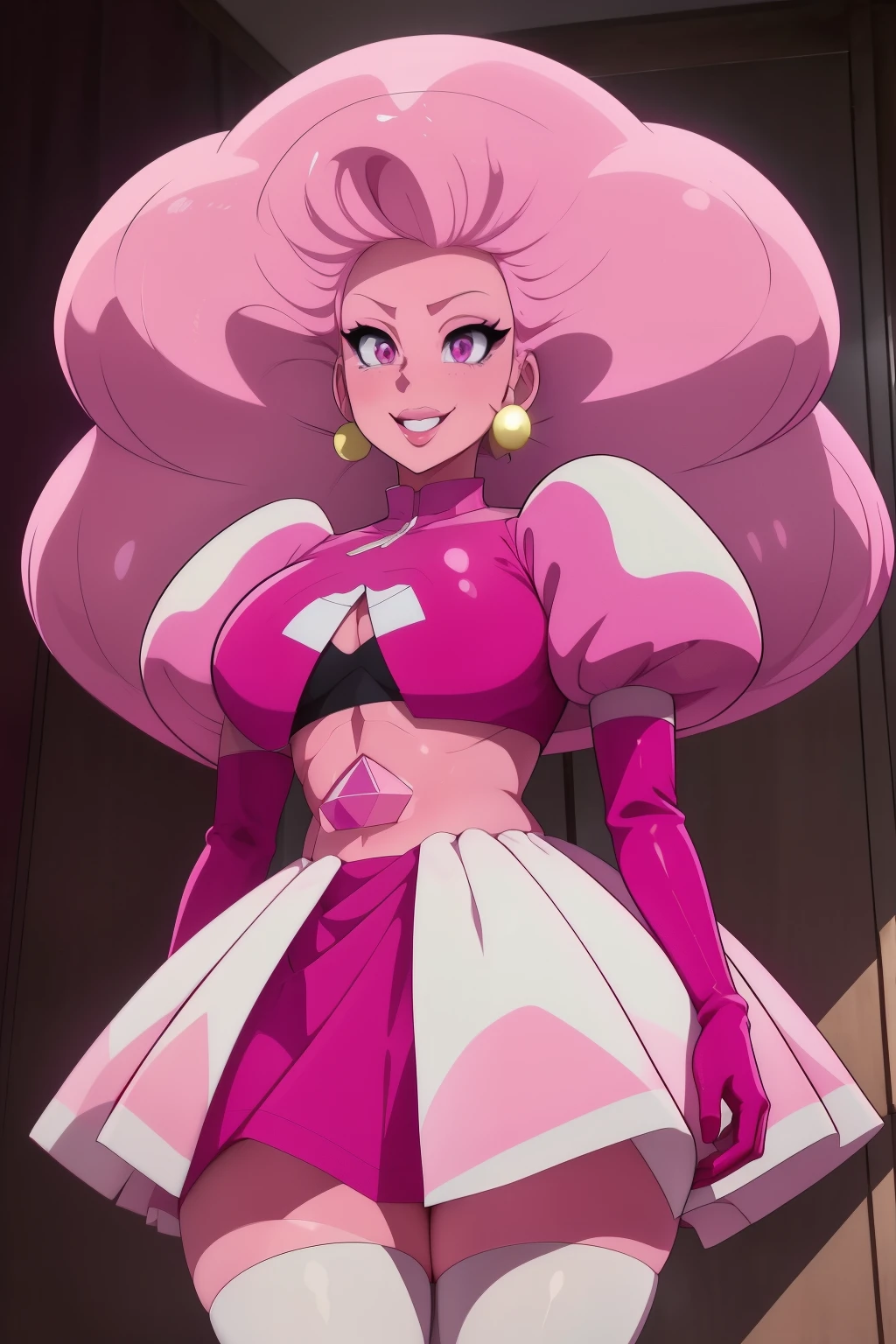 pnkdamond, pink hair, pink eyes, big hair, stomach gem, pink skin, toned,
puffy short sleeves, elbow gloves , white thighhighs, puffy dress,
standing, upper body,
outerspace,
(insanely detailed, beautiful detailed face,beautiful detailed eyes, masterpiece, best quality) cinematic lighting, smile,