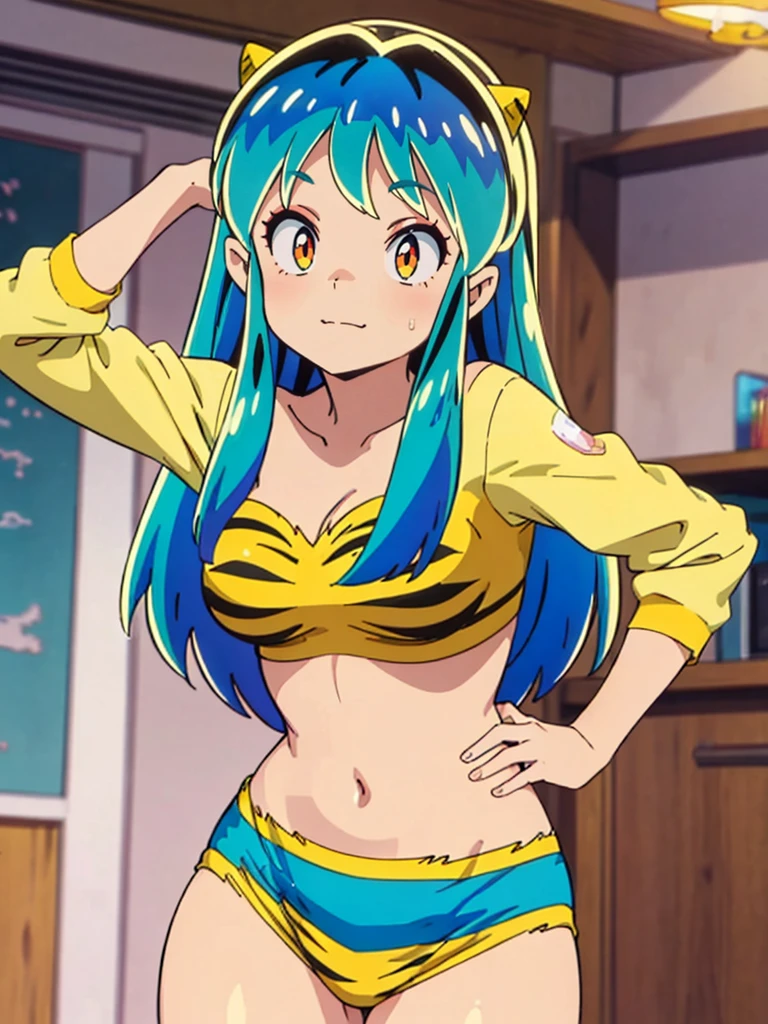 masterpiece, Highest quality, 1 Girl, Lum, anime, Charm, 18-year-old, sexy, blush, Enchanted, Shrug, Squint your eyes and laugh、 High definition