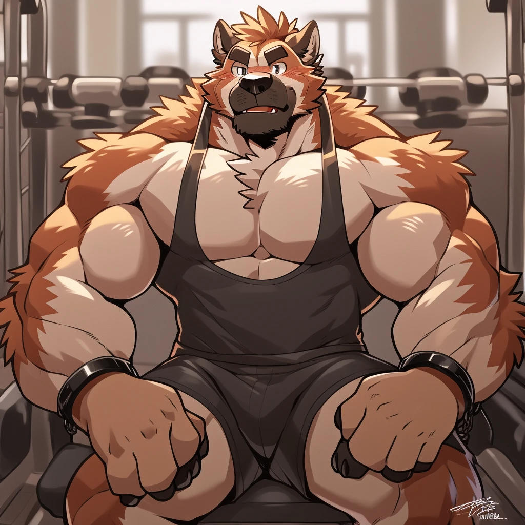 Author: Takemoto Arashi, (1 boy), One, Saint Bernard, Men's Second, kemono, hot body, muscle, Beautiful, sexual, Attractive guy, (Detailed eyes), brows, (masterpiece, A high resolution, Best quality), 4K, a male, portrait, Beautiful shadow, pecs focus, Gym uniform, Gym, chained, black gym tankyop, gym shorts and shoes, scars, blood,