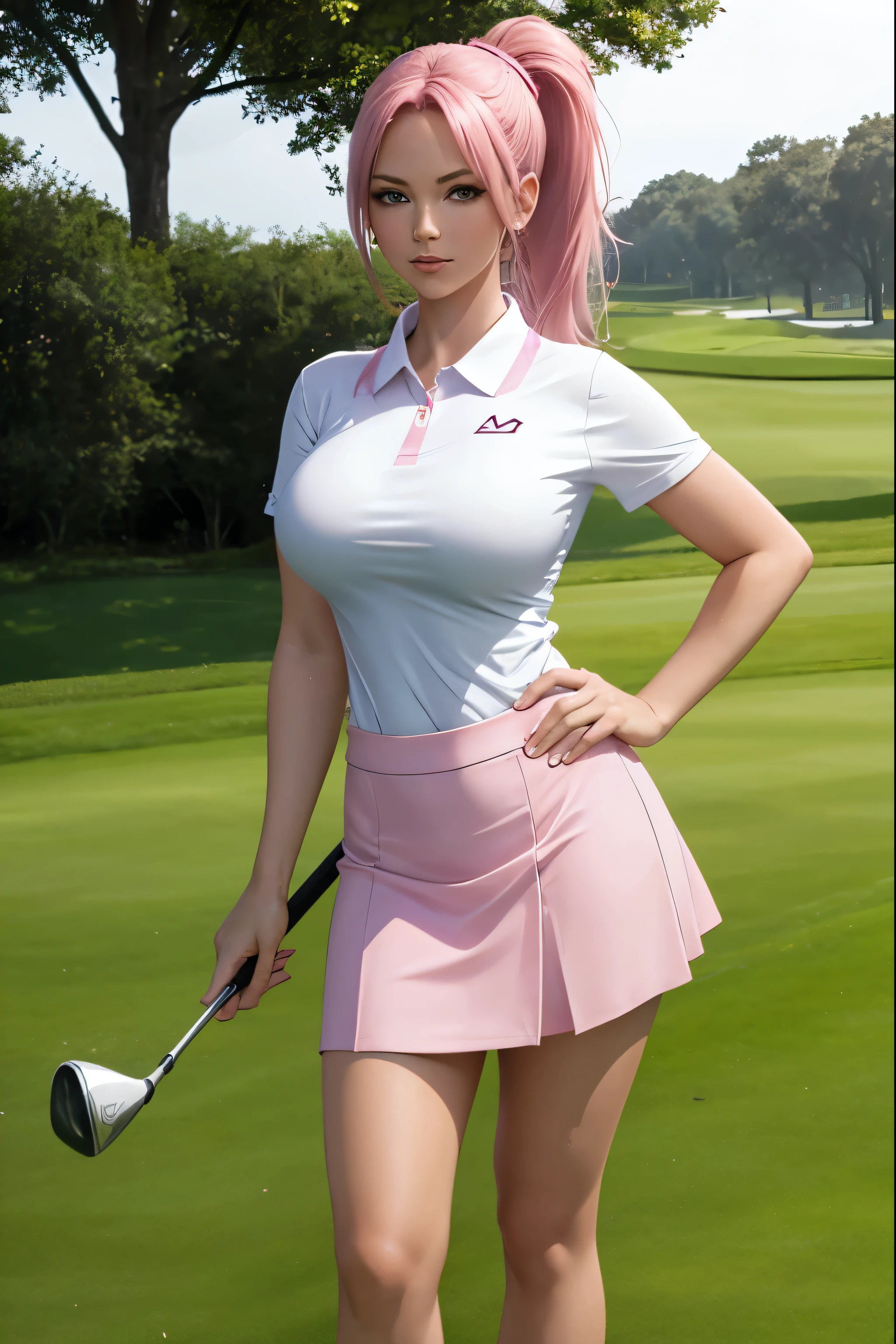 Woman, large breasts, Pink Hair, Ponytail, Golf Outfit, Short Skirt, Standing on Golf Course