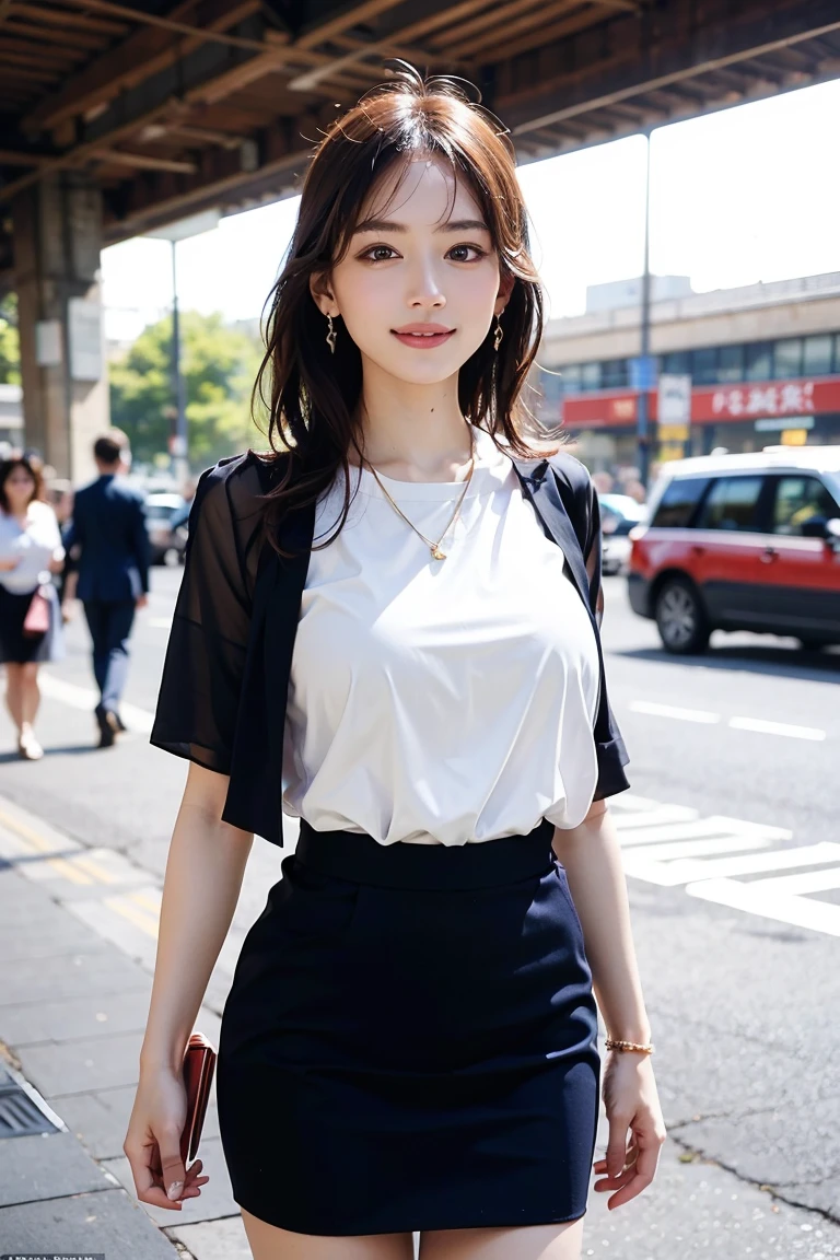 T-shirt and mini skirt、A cup breasts、pale face:1.3、Super thin face:1.3, (very big eyes:1.5)、 (blown eyes:1.5), master piece、8K, {highest quality}, {{masterpiece}}, {very delicate and beautiful}, outstanding light and shadow, highly detailed wallpaper, clear and bright sunlight, Full body: 1 girl, , blush、茶colourのショートボブヘア, strong sunlight, (Business Fashion:1.5), delicate hair, Acup breasts, shiny skin, Realistic human skin texture, visible wrinkles on the skin., broad shoulders,window, ((a strong light shines on your face)), colour々take a pose:1.5, necklace、ring、earrings、(Toothless smile:1,5), Shibuya Station background