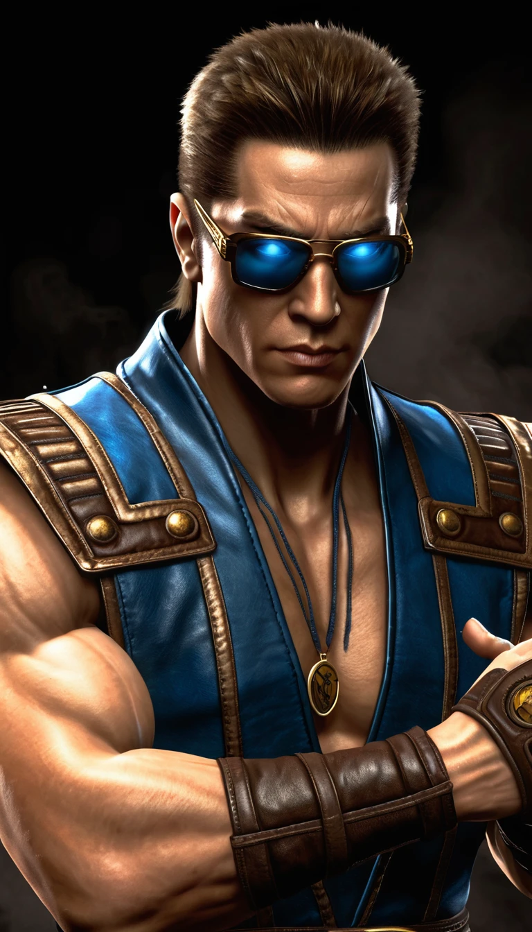(Johnny Cage - Mortal Kombat), a muscular and athletic man, with brown hair and blue eyes. He often wears stylized combat gear., often with sunglasses and distinctive tattoos.