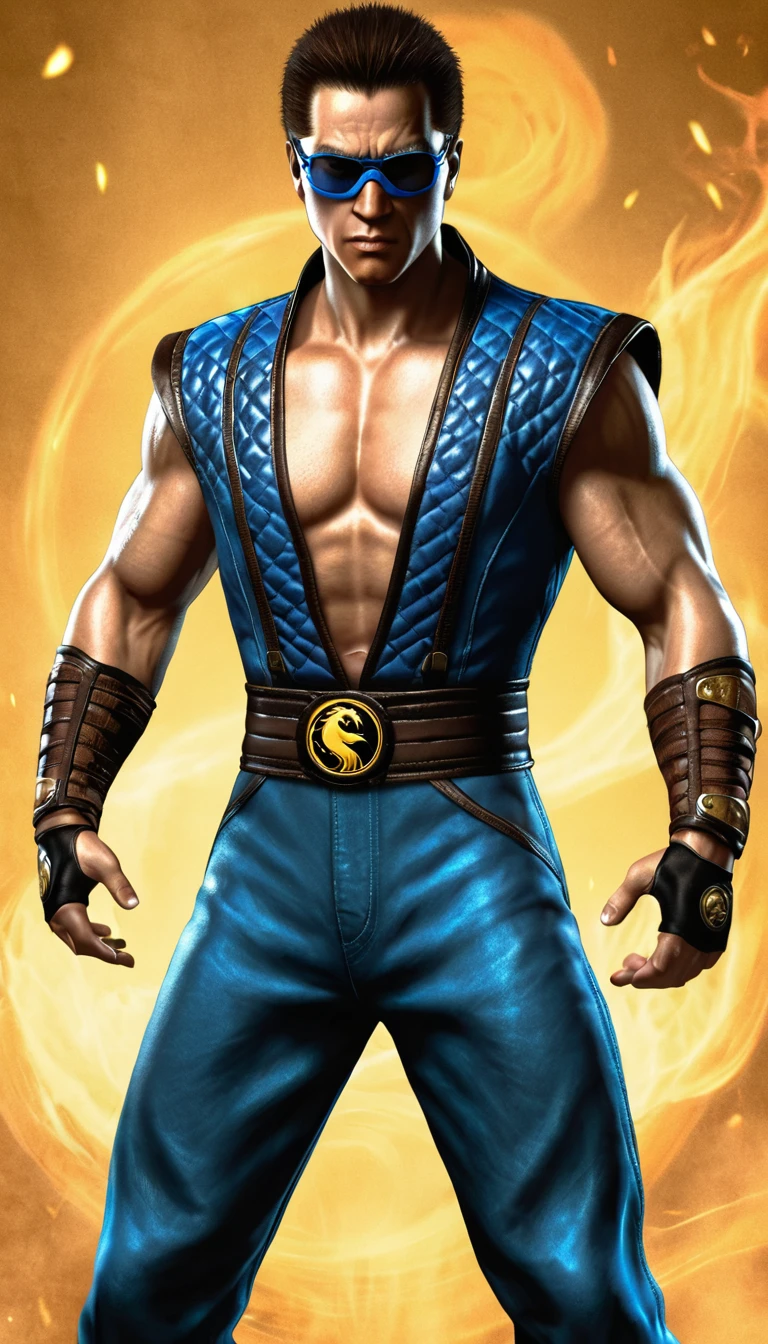 (Johnny Cage - Mortal Kombat), a muscular and athletic man, with brown hair and blue eyes. He often wears stylized combat gear., often with sunglasses and distinctive tattoos.