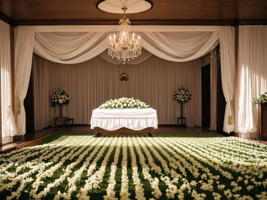 The room has a table and several chairs with flowers., Funeral, A place to rest in peace, Digital photography, Breathtaking composition, In the hall, Heartbreaking, Recreation, walk in a Funeral procession, Catalogue photo, beautiful photo, beautiful photo, Comfortable and friendly, coffin, Beautiful images, Interior photo, In the center is a photograph of the deceased., White wall, curtain, A typical funeral hall in Japan