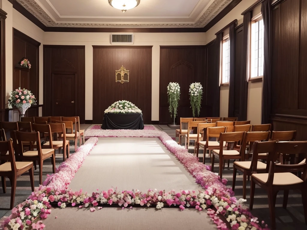 The room has a table and several chairs with flowers., Funeral, A place to rest in peace, Digital photography, Breathtaking composition, In the hall, Heartbreaking, Recreation, walk in a Funeral procession, Catalogue photo, beautiful photo, beautiful photo, Comfortable and friendly, coffin, Beautiful images, Interior photo, In the center is a photograph of the deceased., White wall, curtain, A typical funeral hall in Japan