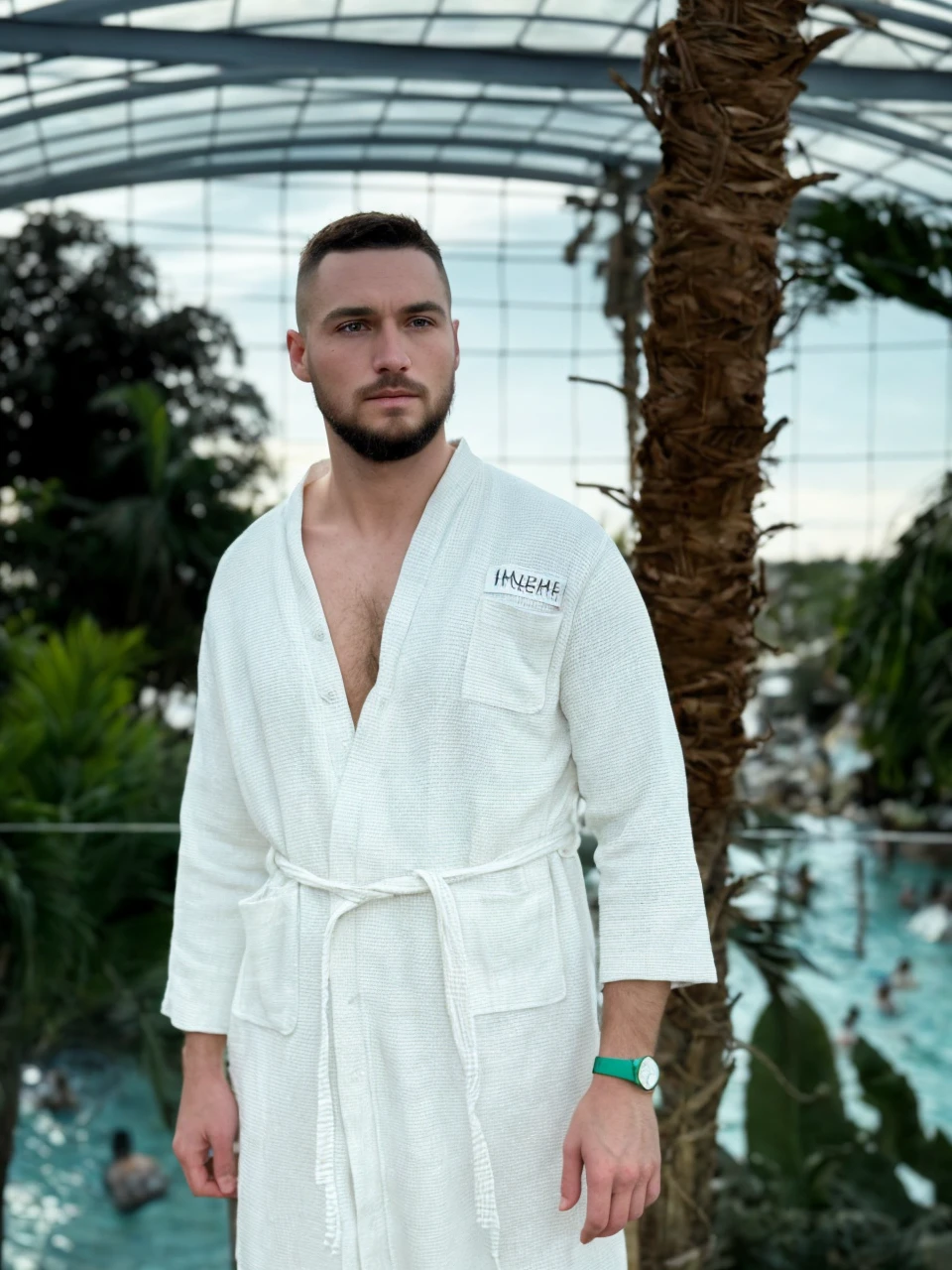 masterpiece, best quality, highres, male focus, solo focus, middle-aged, older, aged, daddy lifeguard, sitting by the pool, lifeguard outfit, whistle around neck, male, hairy, beefy, scruffy, manly, pov, erection, uncensored, blush, testicles, large pectorals, thick thighs, shaved head, mustache, aviator sunglasses, aged face, open mouth, armpits, looking at viewer, , spread legs,