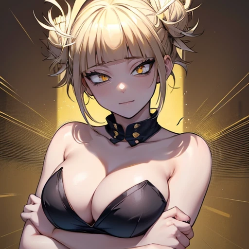 (Himiko toga),(boku no hero academia),(short blonde hair with two messy pulps in the hair),(yellow eyes with cat pupils),(wearing),+,(a sexy bunny outfit that consisted of a larger black strapless one heart decots and showing feathers and super sexy and tight arms) 