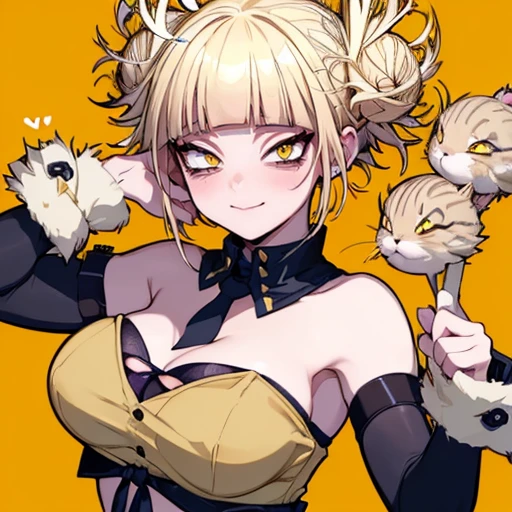 (Himiko toga),(boku no hero academia),(short blonde hair with two messy pulps in the hair),(yellow eyes with cat pupils),(wearing),+,(a sexy bunny outfit that consisted of a larger black strapless one heart decots and showing feathers and super sexy and tight arms) 