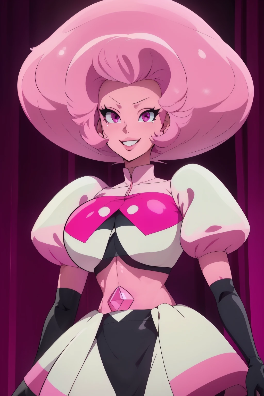 pnkdamond, pink hair, pink eyes,  big hair,  stomach gem,  pink skin,  toned, 
puffy short sleeves, elbow gloves ,  white thighhighs,   puffy dress, 
standing, upper body, 
 outerspace,  
(insanely detailed, beautiful detailed face,beautiful detailed eyes, masterpiece, best quality) cinematic lighting,  smile, 
 