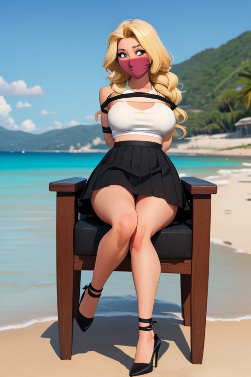 1 girl, detailed blue eyes, lange wimpern, detailed beautiful face, Side parts,a Bit curly hair, (very Long blonde hair:1.4), festgebunden, (arms behind back:1.6), gefesselte Arme, (blushing:1.3), (Big boobs:1.1), OTN, shibari over clothes, full body bondage, (black skirt, White top, black high heels:1.4), in einem Sessel sitzend, beach in the background, tied, nah aufnahmen