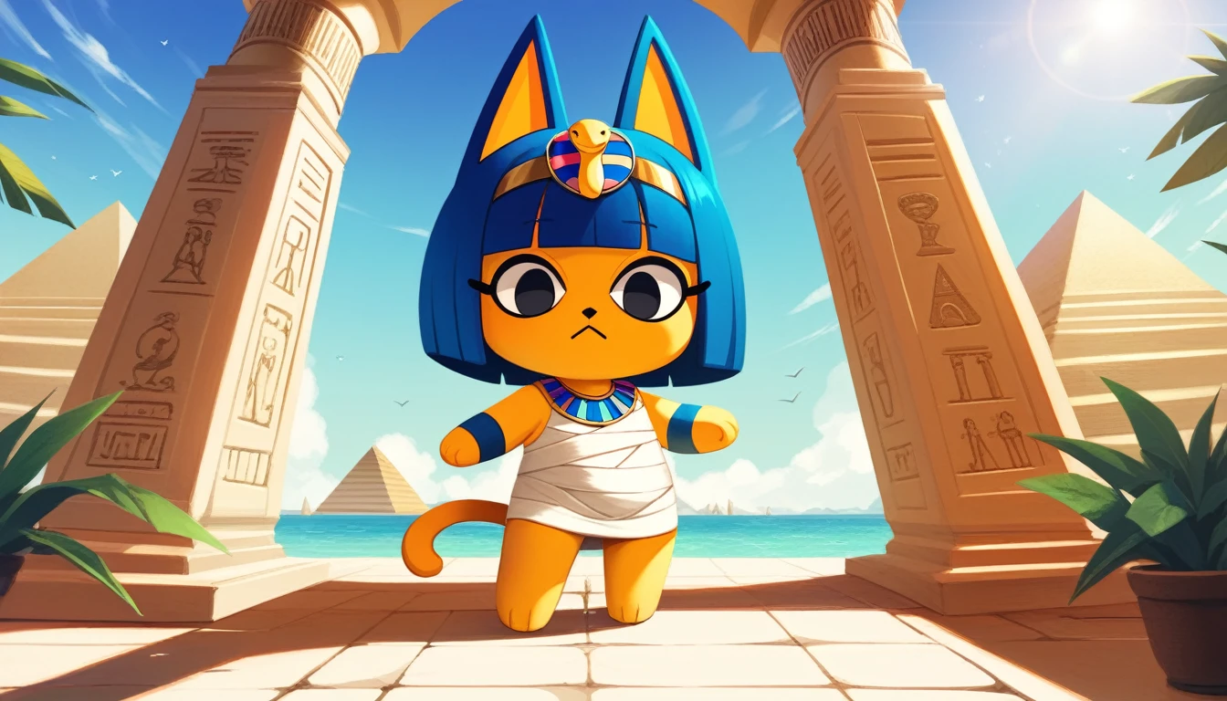 1girl,Artist Name,Egyptian cat,Blue Hair,skin,Keep your mouth shut,Wear,whole body,solo,Standing,猫Tail,Keep your mouth shut,Wear,Looking at the audience,Animal Crossing Furry, Blue Hair, Hair accessories, 黄skin, black eyes, White Dress, Tail, Egyptian Pyramids,mummy,Sunlight,sunny,(masterpiece), ((best quality), Detailed background, masterpiece, best quality, high quality, absurd, The award-winning, professional, Very detailed