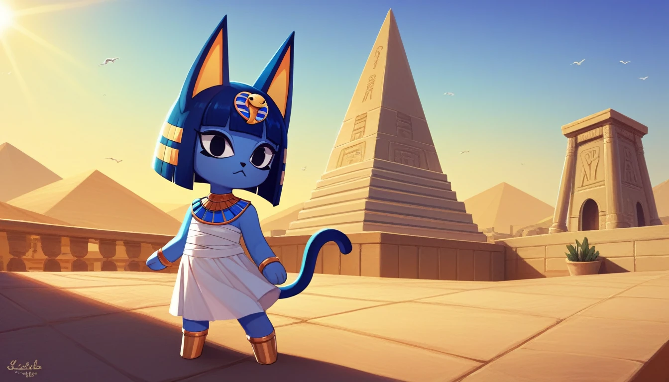 1girl,Artist Name,Egyptian cat,Blue Hair,skin,Keep your mouth shut,Wear,whole body,solo,Standing,猫Tail,Keep your mouth shut,Wear,Looking at the audience,Animal Crossing Furry, Blue Hair, Hair accessories, 黄skin, black eyes, White Dress, Tail, Egyptian Pyramids,mummy,Sunlight,sunny,(masterpiece), ((best quality), Detailed background, masterpiece, best quality, high quality, absurd, The award-winning, professional, Very detailed
