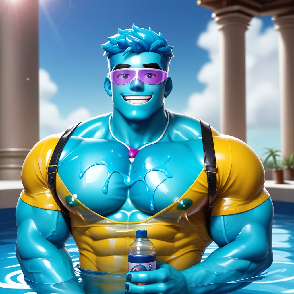 score_9, score_8_up, score_7_up, rating_explicit, source_anime, Masterpiece, Light blue sticky slime pool, Highest Quality, gay, yaoi, male, A few slug boys, Monster Boy, Slime Boy, smile face, Blue Slime, Transparent light blue body of mucus, Mucus-covered body of mucus, thick eyebrows, No whites, Aquamarine Eyes, transparent light blue skin, Gently melting jelly light blue skin, Inhuman appearance, Human slime, muscular blood vessels, male only, adult man, a handsome, gay, yaoi, Super muscular guy, convex thorax, excess muscles, Giant trapezoid, giant pectoral muscle, pectoralis major muscle, hyperthoracic muscle, huge biceps, huge wide muscles of the back, large back muscles, huge buttocks, huge overdeveloped muscles, Monster muscles, Beef pie, 30-year-old mature man, Masculine appearance, Masculine hairstyle, Short-cropped light blue melting jelly head, dissolving the texture of mucus, mucus splashes, Large splashes, Latex swimming briefs, (Lid contour, puffiness of underwear), Suspenders, chest strap, chest strap, chest harness, garter belt, water bottle, hanging at the waist, life jacket , rescuer, Beach Inspector, Yellow Sleeveless Latex Rashguard, Light blue transparent sun visor, mucus-like, red life jacket, and a small white whistle around his neck. Swimming goggles, lying on a bed of mucus, Numerous light blue slime-like aquatic animals,