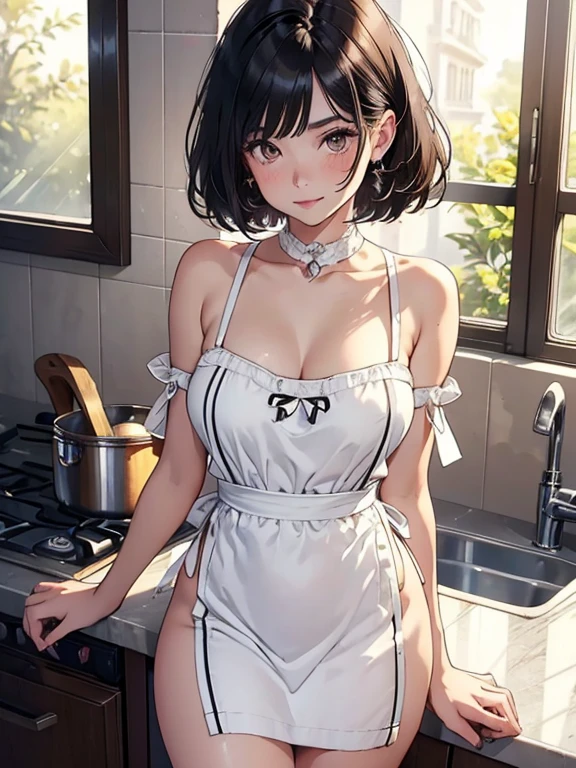 ((((Mesa, Best Quality, high resolution)))), 1 girl in,bob cuts, wavy fur, average breasts, blush, smile of light, Chapped lips, glow, thighs thighs thighs thighs, bare shoulders, clavicle, narrow waist, neckline, (Mesa), (beautiful detailed face, Beautiful detailed eyes), (naked apron, kitchen, arms behind the back,) 8k,high quality,cheered up,Married woman,White skin,beautiful face,small face,Clean,bright,reflections in the eyes,sexy,Super big ,beautiful line drawing. black hair color, White skin, thin eyebrows, Brown eyes,
