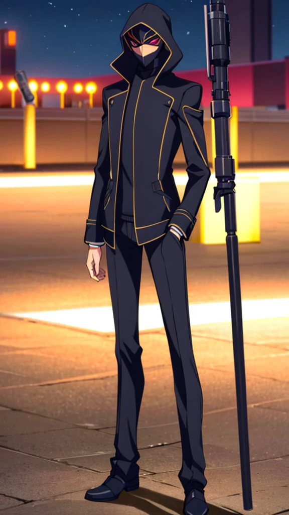 Male, teenager, vigilante, wearing dark clothes, a coat, and a full-face mask, head covered by mask, athletic build, hands in pockets, standing at attention, nighttime setting, lone figure, facing viewer, fully in frame, full body shot, Code Geass style, codeGeass, CODEGEASS