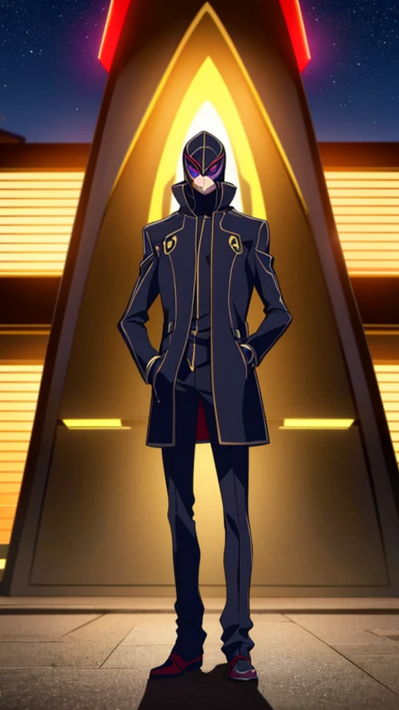 Male, teenager, vigilante, wearing dark clothes, a coat, and a full-face mask, head covered by mask, athletic build, hands in pockets, standing at attention, nighttime setting, lone figure, facing viewer, fully in frame, full body shot, Code Geass style, codeGeass, CODEGEASS