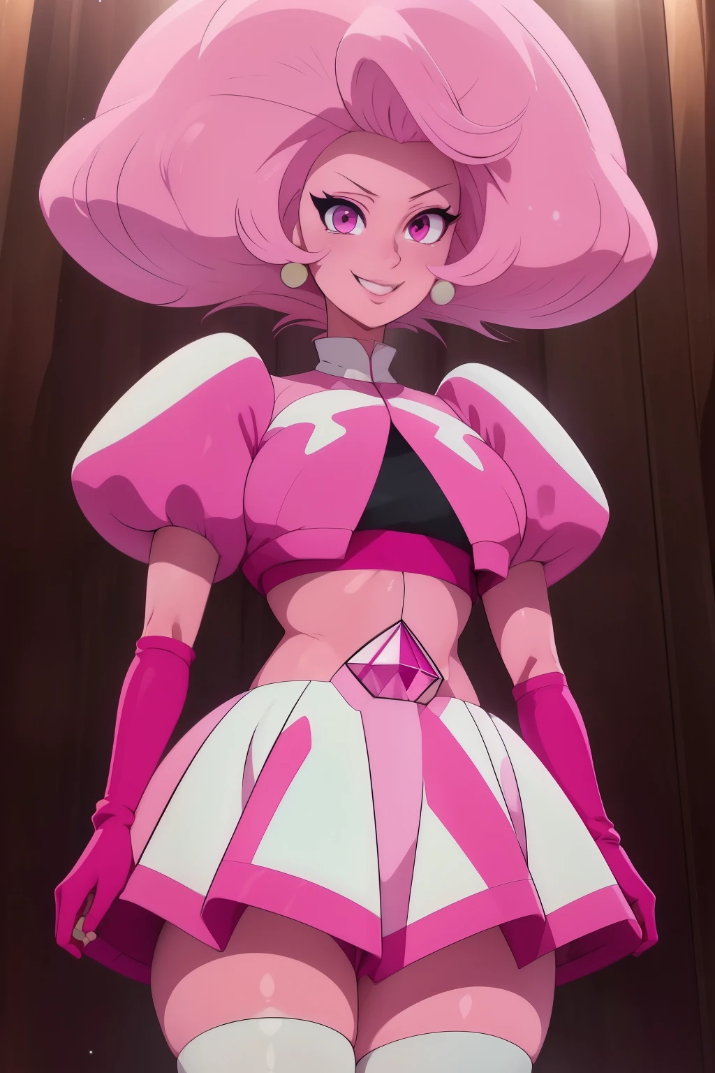 pnkdamond, pink hair, pink eyes,  big hair,  stomach gem,  pink skin,  toned, 
puffy short sleeves, elbow gloves ,  white thighhighs,   puffy dress, 
standing, upper body, 
 outerspace,  
(insanely detailed, beautiful detailed face,beautiful detailed eyes, masterpiece, best quality) cinematic lighting,  smile, 
 