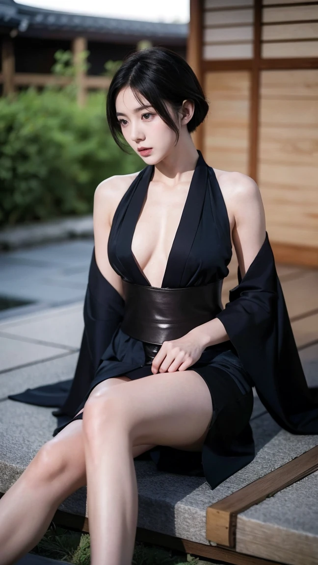 1girl beautiful::5, gorgeous::5, breath taking, deadly, feudal japan, edo period, night, japanese highres, short hair, dark hair, black hair, green eyes, almond shaped eyes, eyes wide::5, thin lips, parted lips::5, mouth open::5, mouth agape::5, solo ((masterpiece)), photo referenced::5, pale skin, tenchu kunoichi professional, ultra high res kuugire stealth, soft feminine facial features, button nose, 25 years old, seductive look, arrogant look, sinister look, detailed face, shocked expression::5 afraid::5, etailed eyes, dark blue kimono feet foot, toes, toe, underwear panties, black stockings, black socks, pose bent, long kimono, pantyhose, shadow eye make-up, zako