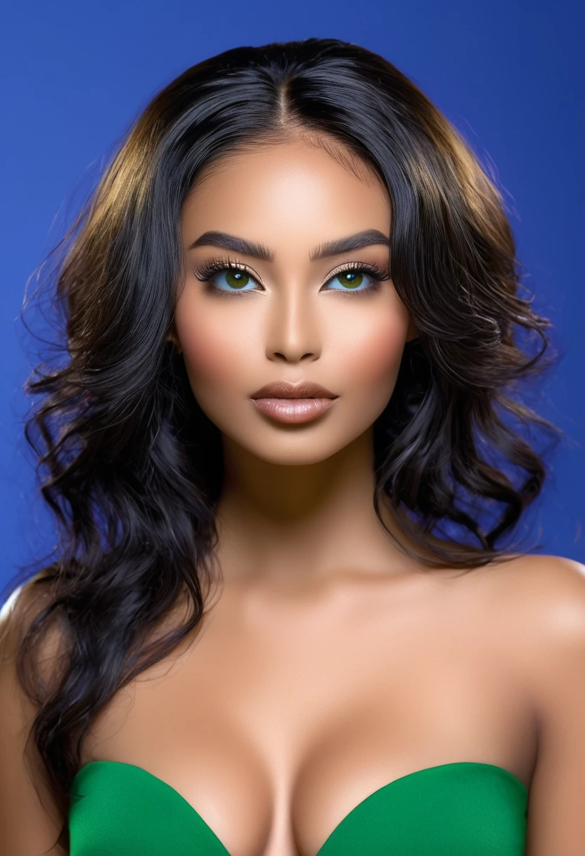 Sexy woman wears a low-cut black latex dress posing for a photo in the studio. a beautiful woman, beautiful Latin face, Brazilian supermodel, stunning, stunning beauty, Angolan descent, most beautiful woman in the world, jaw-dropping beauty, young adult 30 years old, She has an exotic beauty, native Brazilian, tall woman, a stunning black African woman, with indigenous features, beautiful indigenous girl, ((An indigenous African girl with European ebony)), ((her beauty is undeniable)), beautiful young black woman with dark skin, tanned Mexican. *hair: Curly black hair, Voluminous black hair with highlights, curly shiny black hair, beautiful curly black hair.*eyes: expressive green eyes, beautiful green eyes, realistic green eyes, detailed green eyes, ultra-realistic, symmetrical, hyper -realistic, (eyeliner, sophisticated for a long time), intense and penetrating look, seductive, mysterious and charming look, look of magnetism, attraction and fascination. * Eyebrows: Perfect eyebrows that arch gracefully above the eyes and are thick. * the nose is small and proportional to the face and the soft contour of the face that accentuates the high cheekbones. *Mouth: Attractive and irresistible mouth, well-defined lips, full lips, voluminous lips, seductive lips, captivating, striking, unforgettable, mischievous, sexy, your features are captivating, seductive expression, a seductive smile is enigmatic *Face shape: O the face is oval, with high cheekbones and a well-defined chin, a beautiful and detailed face. *Makeup: Makeup is subtle, but highlights natural features. Skin tone: Olive skin, healthy and even glow, with olive skin, dark skin, sexy girl with olive skin, specific skin texture, beautiful and shiny skin, intricate details, smooth skin, healthy and radiant appearance. *body: attractive and slim woman, medium bust, athletic, thin waist, wide hips, big butt, thick thighs, shapely legs. A woman posing for a sexy and dynamic full-body photo