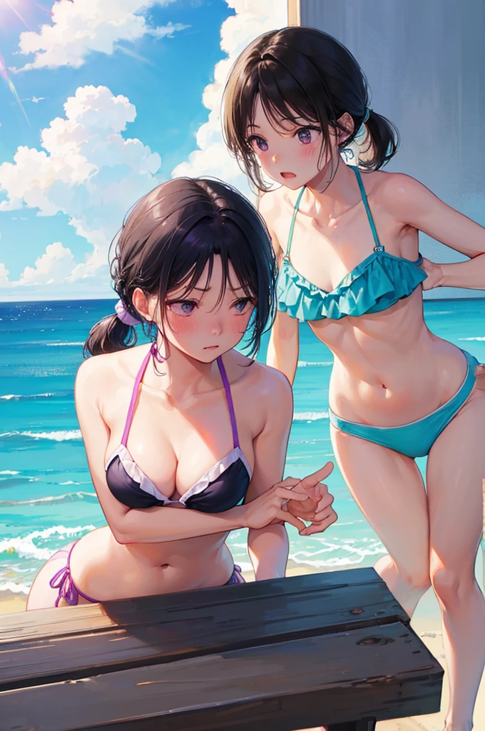 masterpiece, Highest quality, Earrings, Pink Swimsuit, Black Hair, belt, Small breasts, Alone, Upper Body, hot, Sweating a lot, Chair, Sitting, Long Hair, looking at the camera, Ocean, beach, Take off, Pause, blush, Embarrassing, angry