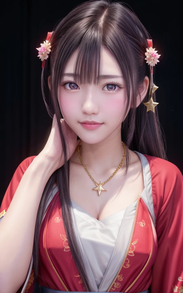最high quality, masterpiece, High resolution, uxia 1 girl,blush,(enchanting smile:0.8),star-shaped pupil,Chinese Hanfu,hair ornaments,necklace, jewelry,beautiful face,On top of that_body, Tyndall effect,realistic, Dark studio, rim lighting, two-tone lighting,(high definition skin:1.2), 8k UHD, Digital single-lens reflex camera, soft lighting, high quality, volume lighting, Frank, photograph, High resolution, 4k, 8k,