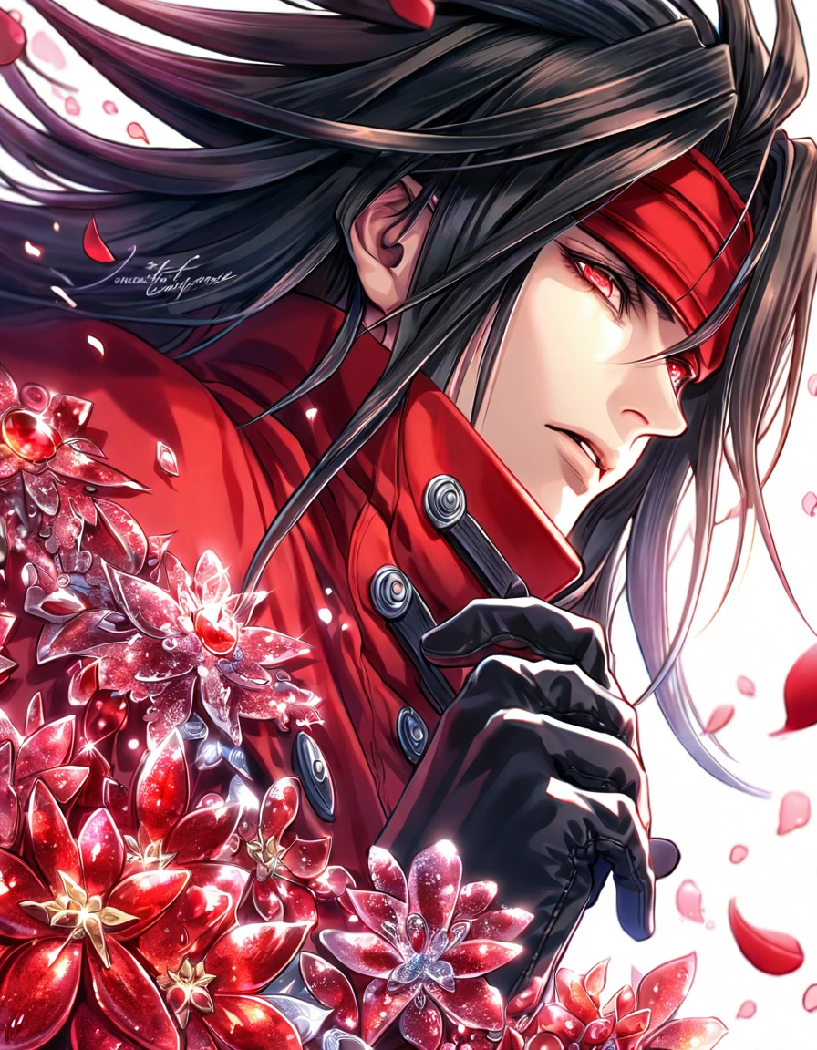 Ultra detailed, HDR, Highres, absurdres, master piece, Vincent Valentine, black long hair, expressive red eyes, red headband, red cape, black leather clothes, Final Fantasy VII, red ice, petals, red ice flowers, man, solo, handsome, glittering, red glass, best quality, black gloves, glass