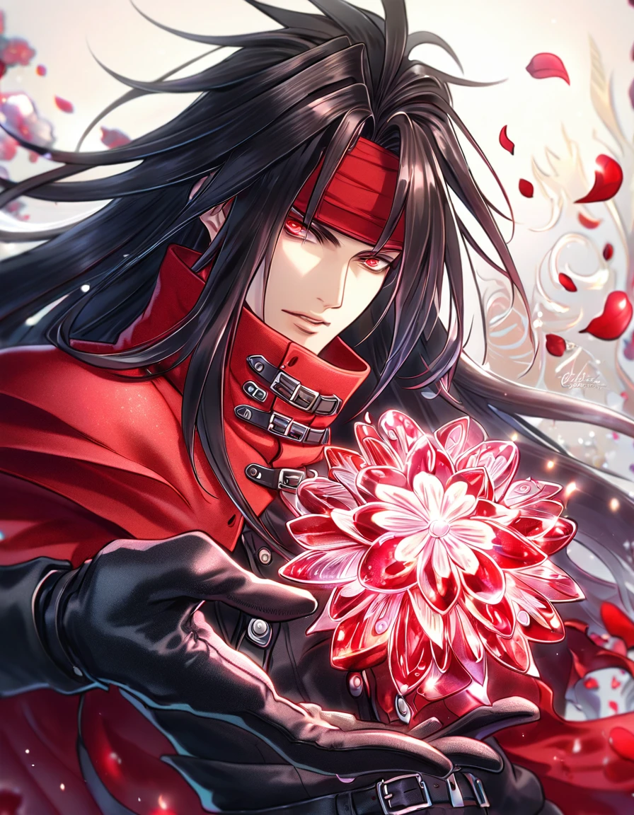 Ultra detailed, HDR, Highres, absurdres, master piece, Vincent Valentine, black long hair, expressive red eyes, red headband, red cape, black leather clothes, Final Fantasy VII, red ice, petals, red ice flowers, man, solo, handsome, glittering, red glass, best quality, black gloves, glass