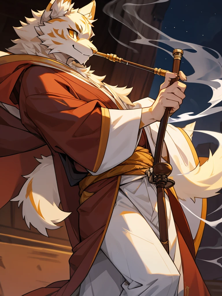 All white Tabaxi who is very fluffy, smoking a pipe with a ling whip, wearing long japenede styled robes