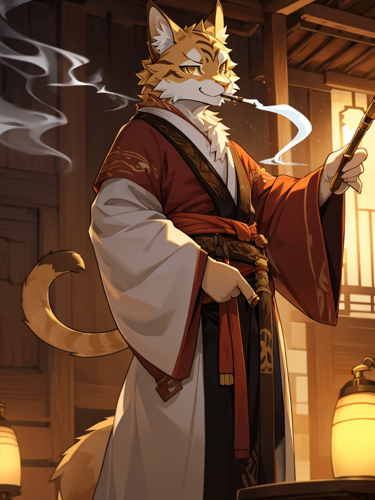 All white Tabaxi who is very fluffy, smoking a pipe with a ling whip, wearing long japenede styled robes