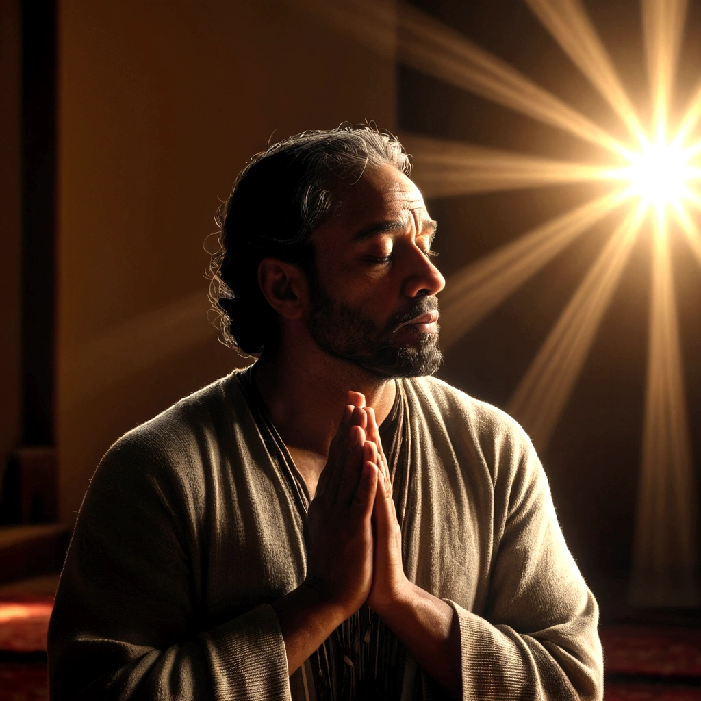 1 man praying, deep faith, light from sky, interior room, spiritual, peaceful, reverent, divine light, serene, glowing, soft lighting, cinematic, dramatic, hyper-realistic, photorealistic, extremely detailed, 8k, best quality, masterpiece, volumetric lighting, chiaroscuro, dramatic contrast, high dynamic range, HDR, studio lighting