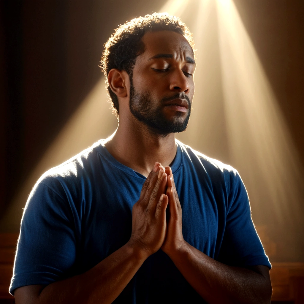 1 man praying, deep faith, light from sky, interior room, spiritual, peaceful, reverent, divine light, serene, glowing, soft lighting, cinematic, dramatic, hyper-realistic, photorealistic, extremely detailed, 8k, best quality, masterpiece, volumetric lighting, chiaroscuro, dramatic contrast, high dynamic range, HDR, studio lighting