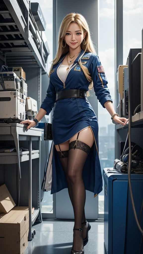 The astronaut who has wandered into a different world encounters the technology and culture of that world. He cooperates with the inhabitants of the different world to repair his spacecraft and attempt to return. However, as he becomes more exposed to the culture and customs of the different world, the astronaut's mindset begins to change. 8K , HD, highly detailed, realistic, photography, photo realism, --ar 9:16 -- at 6.0 --s 750,alone, Long Hair, View your viewers, Blonde, Brown eyes, gem, whole body, Realistic, Sexy、Big Breasts 、stockings、necklace、clip on earrings,during,bracelet、smile,office staff suit