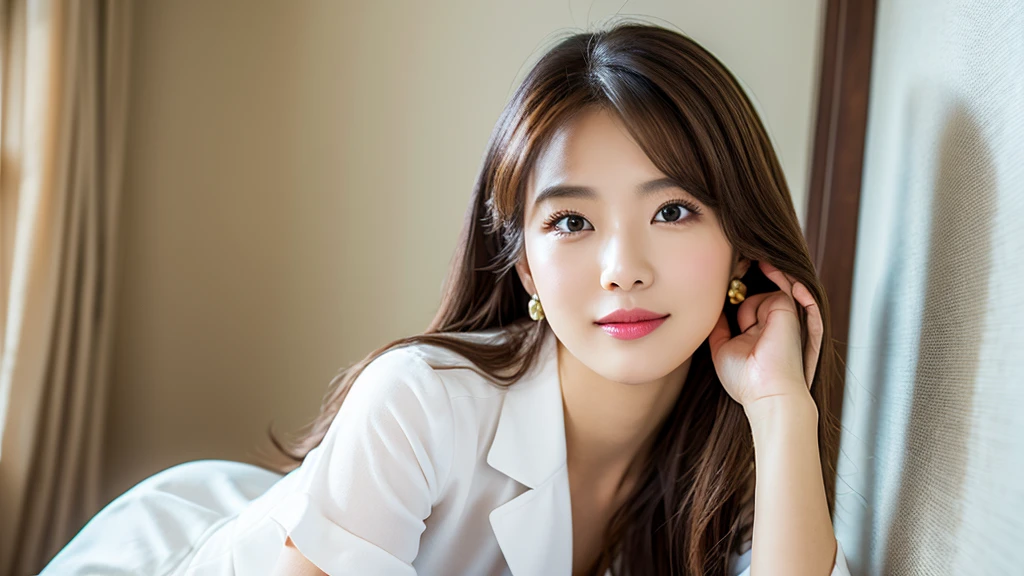 Woman and white furniture,(Detailed face),vivid,chest,cute,White noble clothes,4K,Ultra-high resolution,(Photorealistic：1.7),Long Hair,