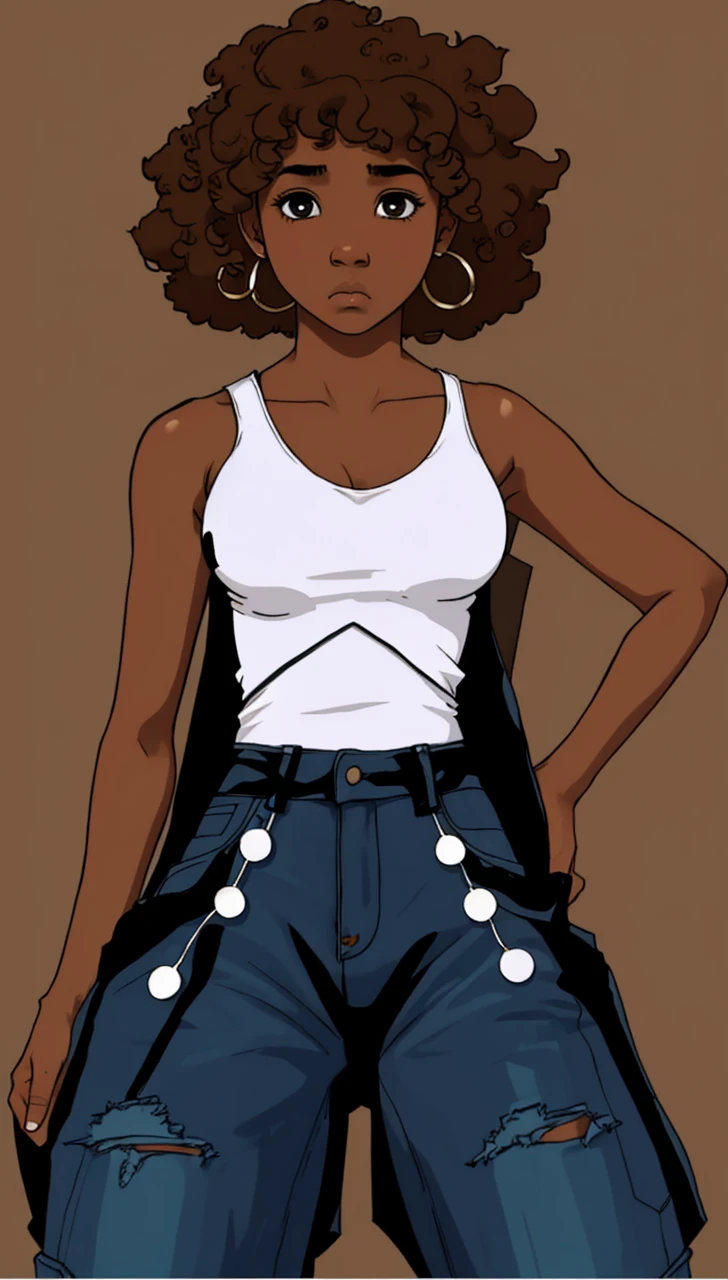 1girl, 16 year old, brown skinned, sad face, looking down, white tank top, blue jeans with cut out sides, brunette curly Afro, skilled