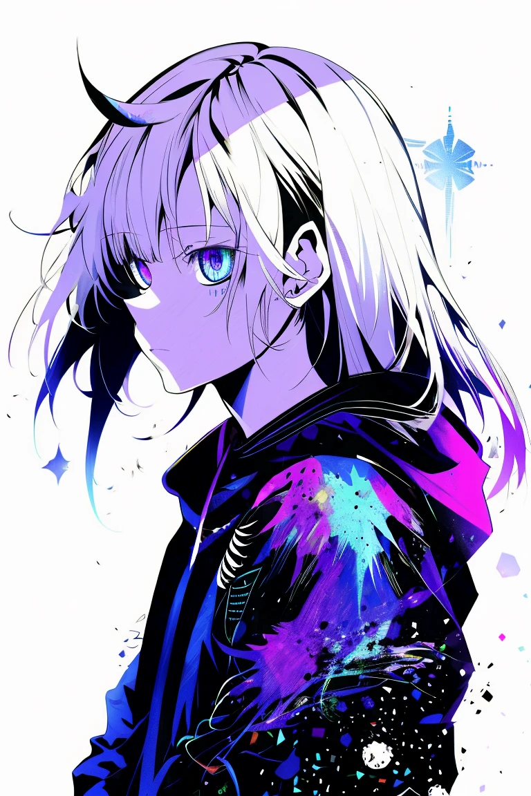 One Girl,Back Shadow Splatter,paint splatter sweatshirt,off shoulder clothing,,Alchemy Research Institute,Mysteries of the Uncharted Territories,Put your hands in your pockets,iris,game scene graph, Rain street background、White Hair、Long Hair、Horns growing