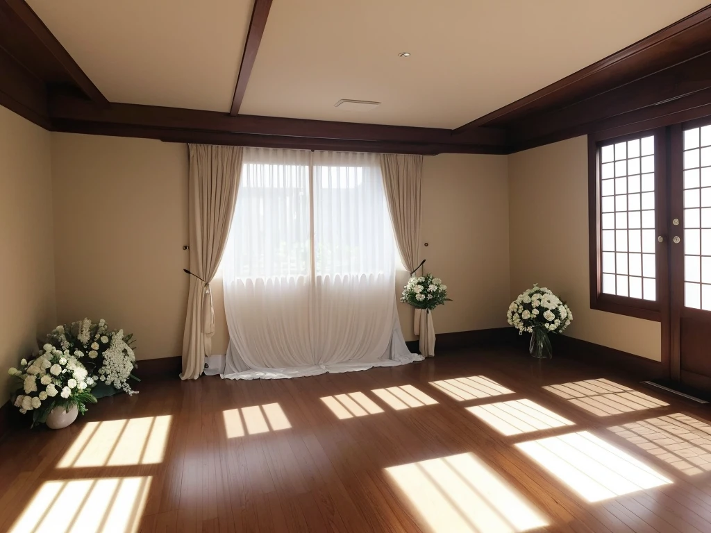 部屋にはテーブルとflowerのある椅子が複数あります, Funeral, A place to rest in peace, Digital photography, Breathtaking composition, In the hall, Heartbreaking, Recreation, walk in a Funeral procession, Catalogue photo, beautiful photo, beautiful photo, Comfortable and friendly, Beautiful images, Interior photo, In the center is a photograph of the deceased., White wall, curtain, A typical funeral hall in Japan, flower