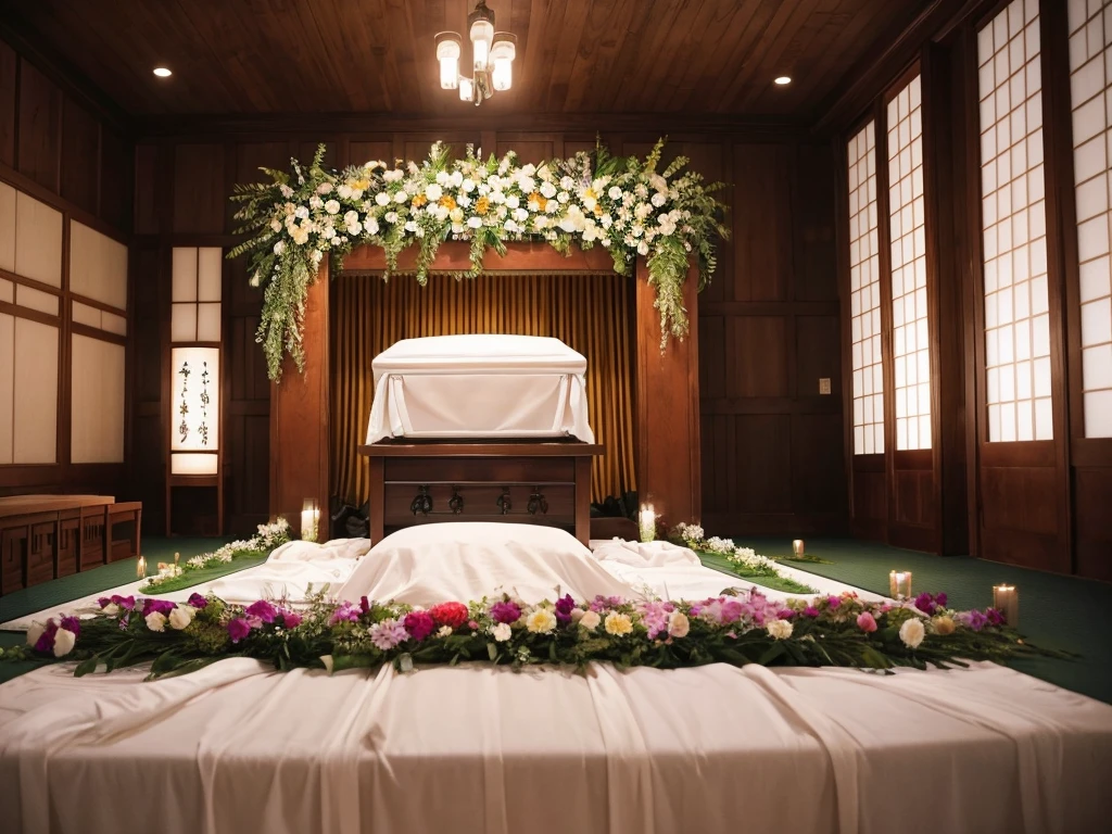 部屋にはテーブルとflowerのある椅子が複数あります, Funeral, A place to rest in peace, Digital photography, Breathtaking composition, In the hall, Heartbreaking, Recreation, walk in a Funeral procession, Catalogue photo, beautiful photo, beautiful photo, Comfortable and friendly, Beautiful images, Interior photo, In the center is a photograph of the deceased., White wall, curtain, A typical funeral hall in Japan, flower