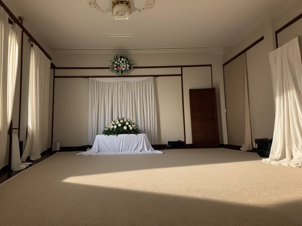 部屋にはテーブルとflowerのある椅子が複数あります, Funeral, A place to rest in peace, Digital photography, Breathtaking composition, In the hall, Heartbreaking, Recreation, walk in a Funeral procession, Catalogue photo, beautiful photo, beautiful photo, Comfortable and friendly, Beautiful images, Interior photo, In the center is a photograph of the deceased., White wall, curtain, A typical funeral hall in Japan, flower