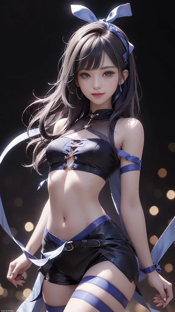 (ultra-realistic realism), (illustratio), (A high resolution), (8K), (The is very detailed), (Best Illustration), (Beautifully detailed eyes), (top-quality), (ultra - detailed), (tmasterpiece), (the wallpaper), (A detailed face), solo, 1 girl in, looking at viewert, finedetail, A detailed face, in the darkness nigth, deep shading, low tune, pureerosfaceace_V1, A smile, blue shawl ,straight hair, 46-point diagonal bangs, (Silk clothing, short clothing, strips), (strips:1.5), (strait ribbon:1.5), (cropped shoulders), The view of the night city,Light pastel coloured outfit,Nipples,streaks,Small breasts,near-flat chest,Very small hips,Very thin waist,Very thin legs,Very thin thighs,