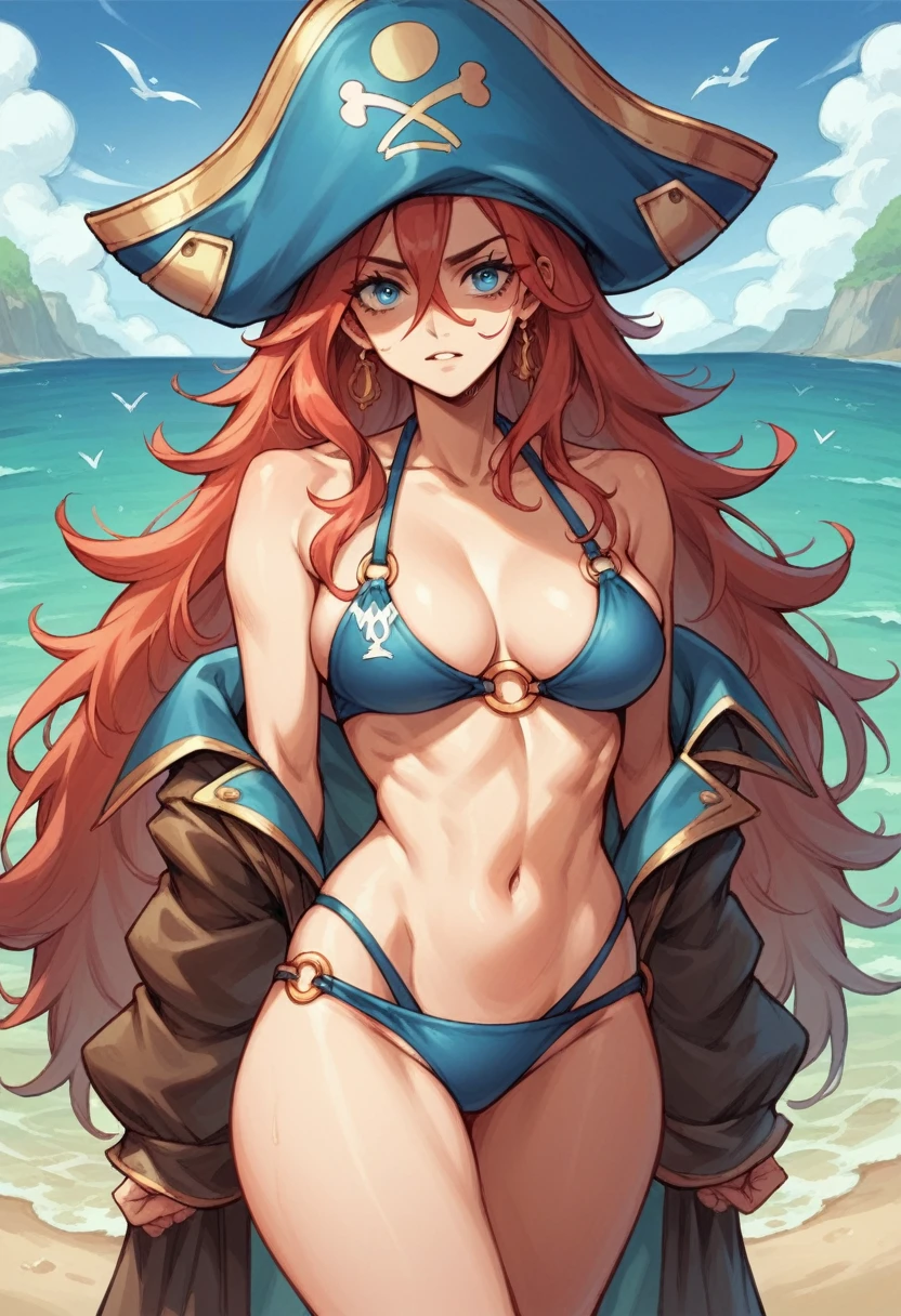 an adult pirate anime girl with blue pirate hat, blue eyes, red and long hairs, (ONLY)blue bikini and big boops on the beach of an island, 8K