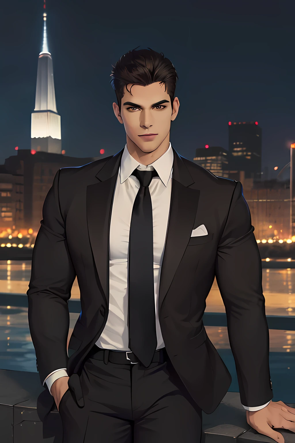 (absurdres, highres, ultra detailed, realistic, ), 1 male, solo, adult, mature, tall muscular guy, broad shoulders, handsome, very short hair, black hair, brown eyes, angular jaw, thick neck, thick eyebrows, night, dark, the night view of the city background, formal suit, necktie, upper body