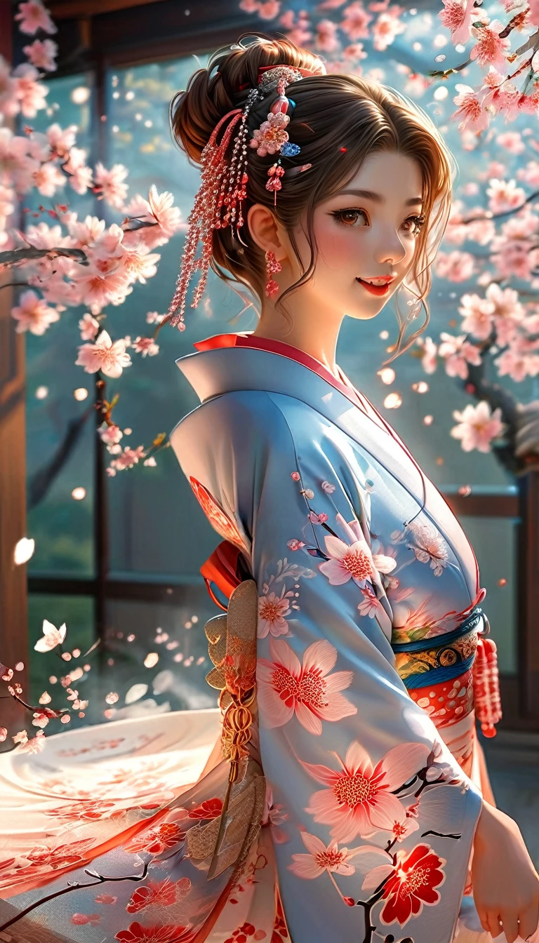 A masterpiece of a high school girl wearing a provocative kimono: A 16K UHD masterpiece unfolds in a Japanese-style room decorated with cherry blossoms and lanterns。An attractive young woman with brown hair flowing down her back、She wears a flowing kimono that accentuates her curves.。Her blue eyes sparkle with admiration as she smiles with her mouth open.、Her detailed features give off a blushing charm。Photorealistic images are、From the stitching on your kimono to every strand of hair、It captures every detail as the light flows gently behind her.。Her long fingers are adorned with intricate nails