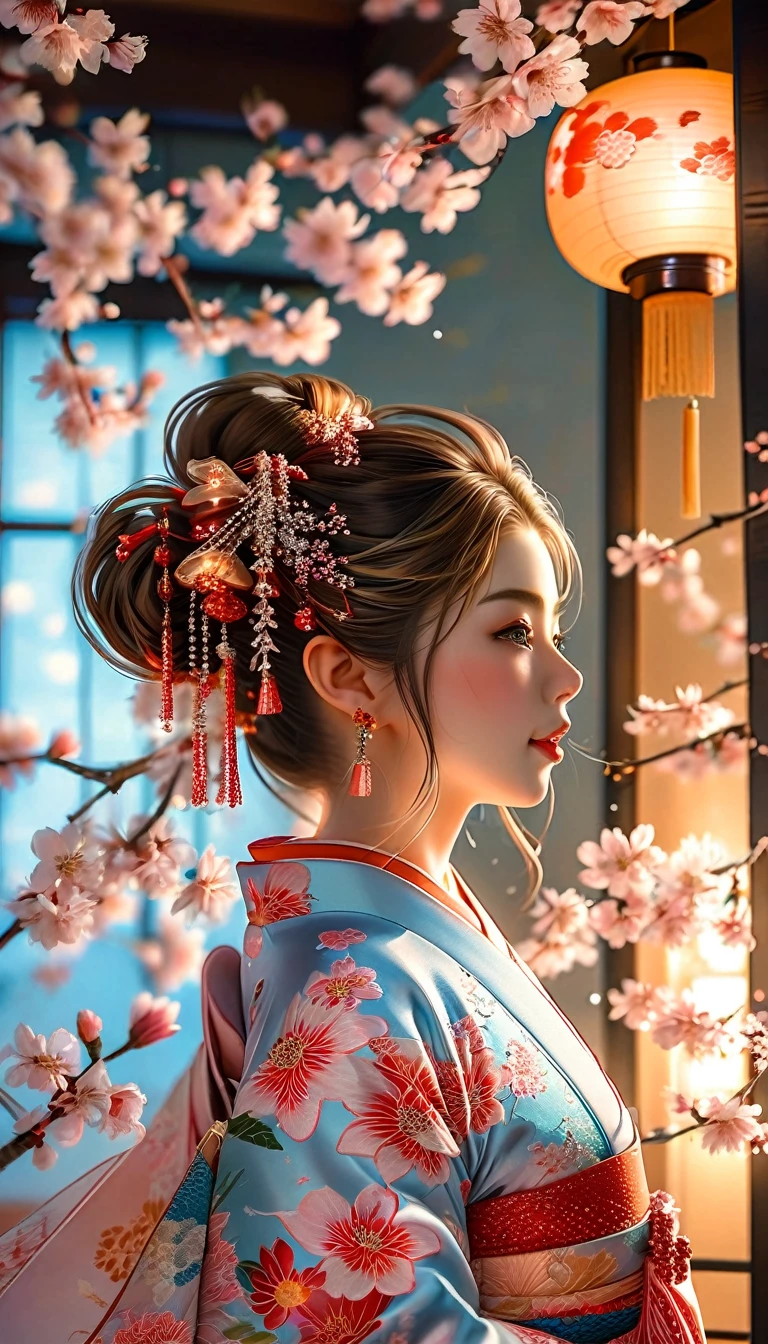 A masterpiece of a high school girl wearing a provocative kimono: A 16K UHD masterpiece unfolds in a Japanese-style room decorated with cherry blossoms and lanterns。An attractive young woman with brown hair flowing down her back、She wears a flowing kimono that accentuates her curves.。Her blue eyes sparkle with admiration as she smiles with her mouth open.、Her detailed features give off a blushing charm。Photorealistic images are、From the stitching on your kimono to every strand of hair、It captures every detail as the light flows gently behind her.。Her long fingers are adorned with intricate nails