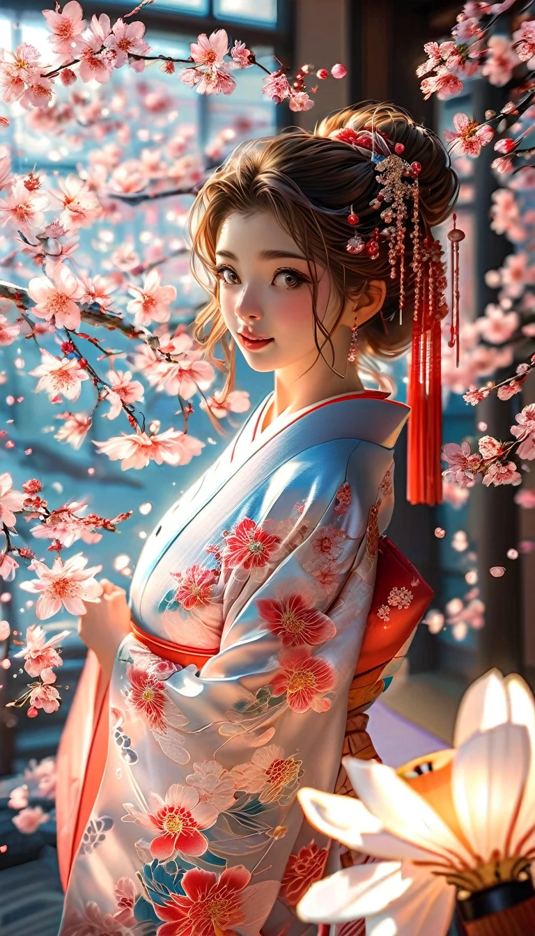 A masterpiece of a high school girl wearing a provocative kimono: A 16K UHD masterpiece unfolds in a Japanese-style room decorated with cherry blossoms and lanterns。An attractive young woman with brown hair flowing down her back、She wears a flowing kimono that accentuates her curves.。Her blue eyes sparkle with admiration as she smiles with her mouth open.、Her detailed features give off a blushing charm。Photorealistic images are、From the stitching on your kimono to every strand of hair、It captures every detail as the light flows gently behind her.。Her long fingers are adorned with intricate nails