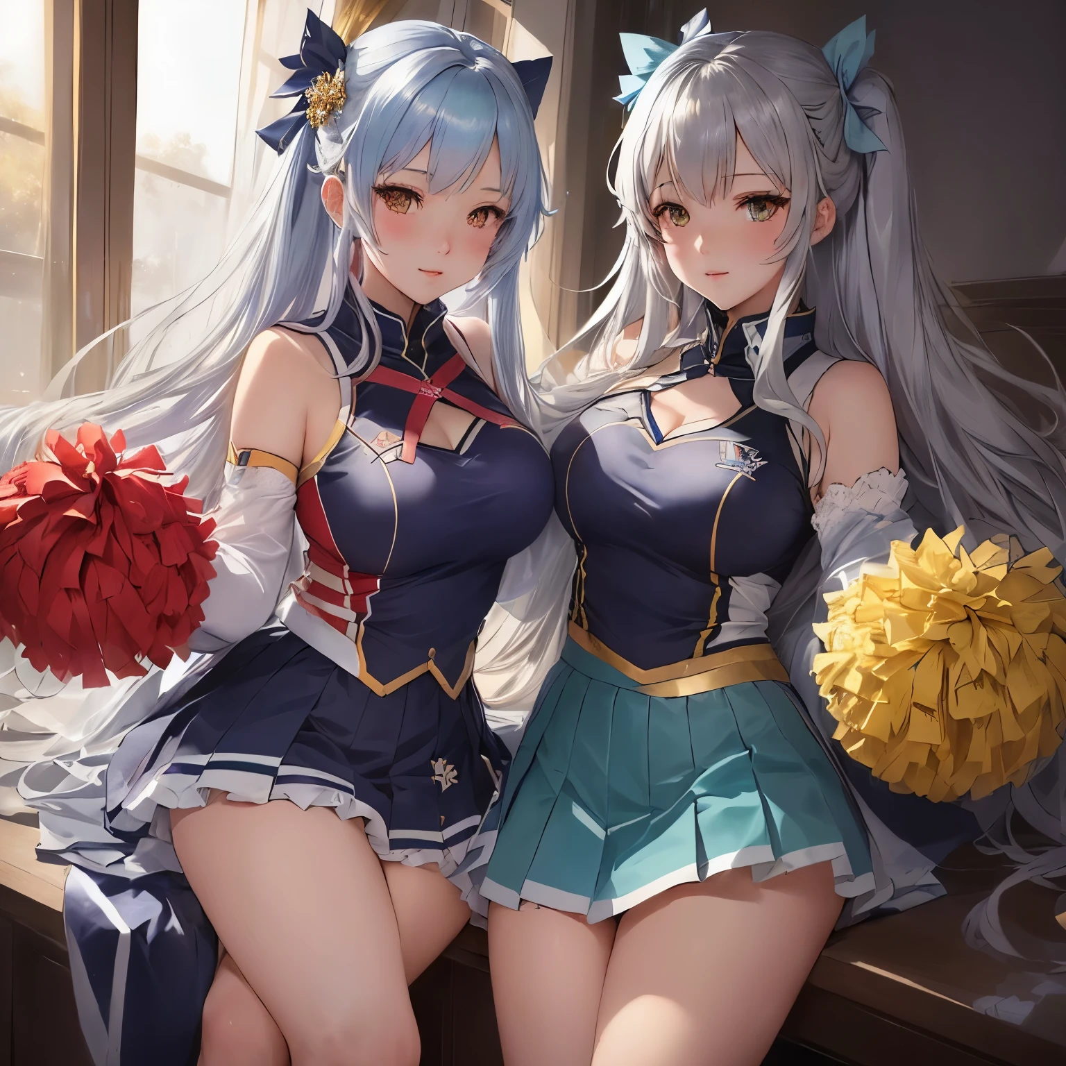 Illustration of a joyful anime-style woman in a cheerleader outfit. She holds colorful pompoms (light blue, yellow, silver, deep red) to boost team spirit. She wears a gold accented top and green pleated skirt, coordinated with blue ribbons and accessories. The decoration is rich in small details, reflecting the Azur Lane style and inspired by Girls' Frontline characters. A captivating, beautiful and charming anime girl with rich colors and decorations reminiscent of guweiz's artwork, which is top rated on pixiv and trending on artstation.